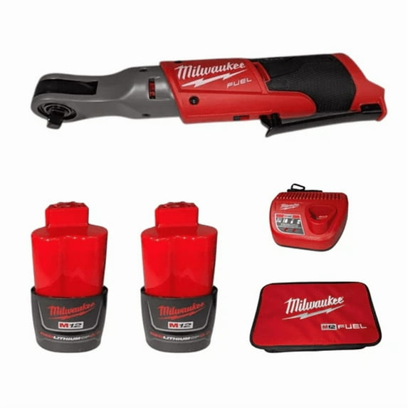 MILWAUKEE M12 FUEL 3/8 in. Cordless Ratchet Kit – Brushless Motor, 55 ft-lbs Torque, 2 Batteries, Charger & Case (2557-22)