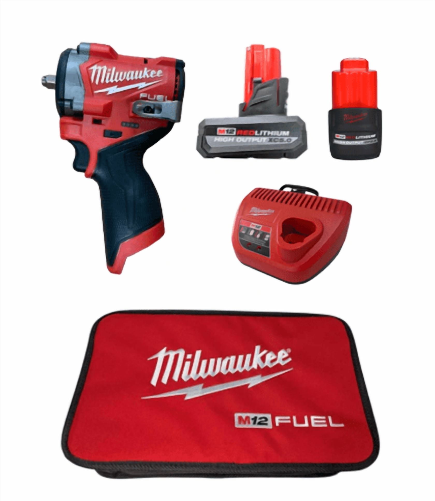 Milwaukee 2562-22 M12 FUEL 3/8" Stubby Impact Wrench Kit Includes XC5.0 & CP2.5 Batteries, Charger, Belt Clip, and Contractor Case 550 ft-lbs Torque, Compact Design, Brushless Motor