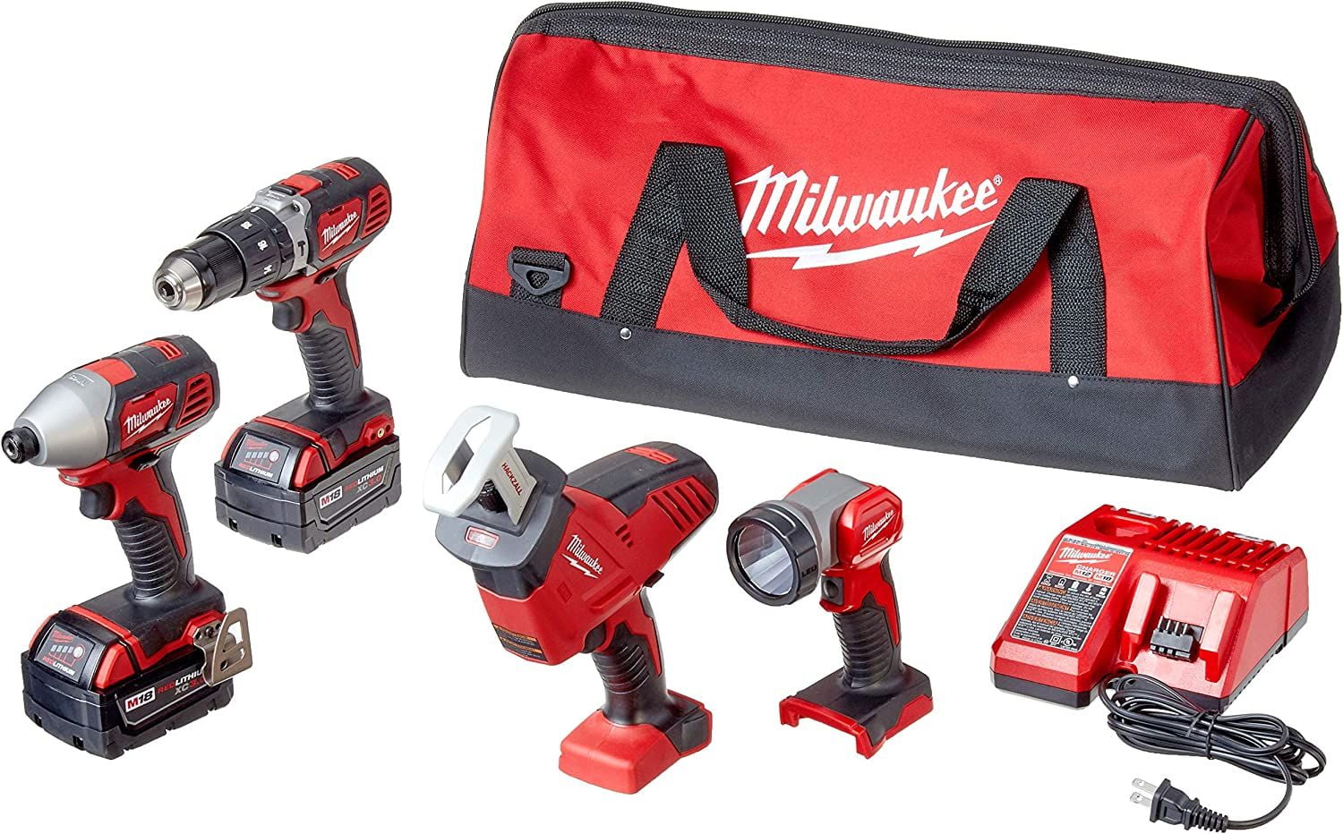 Milwaukee 2695-24 M18 18V Cordless Power Tool Combo Kit with Hammer Drill,  Impact Driver, Reciprocating Saw and Work Light, Batteries, Charger and  Tool Case Included