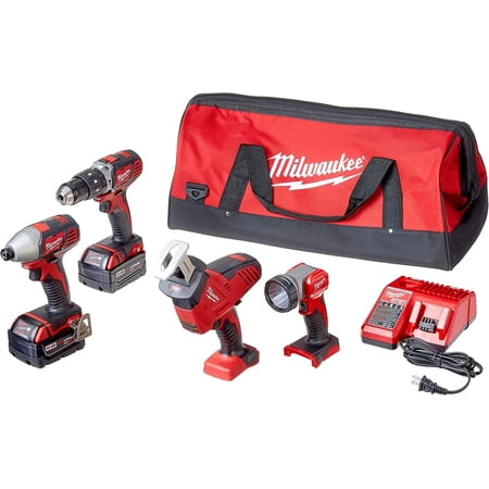 Milwaukee 2695-24 M18 18V Cordless Power Tool Combo Kit with Hammer Drill, Impact Driver, Reciprocating Saw and Work Light, 2 Batteries, Charger and Tool Case Included