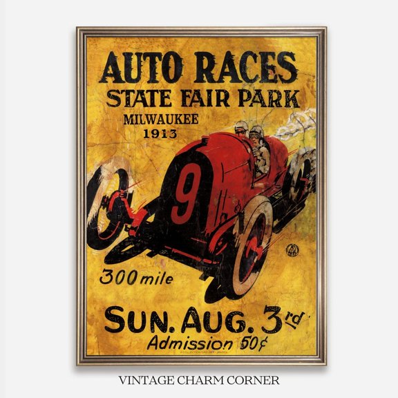 Milwaukee 300 Mile Auto Races 1913 State Fair Park Vintage Racing Wall Art Antique Car Advertisement Print #3675, Unframed Poster Size 16x24