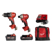 Milwaukee 3693-22CX M18 Compact Brushless 2-Tool Combo Kit   1/2" Hammer Drill & 1/4" Impact Driver with 2 Batteries, Charger & Bag - Ideal for Drilling, Fastening, and Wordworking Applications
