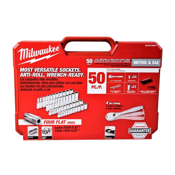 Milwaukee 50-Piece 1/4 in Drive Ratchet and Socket Set (48-22-9004)  90-Tooth Slim Ratchet, SAE and Metric Sockets, Carrying Case