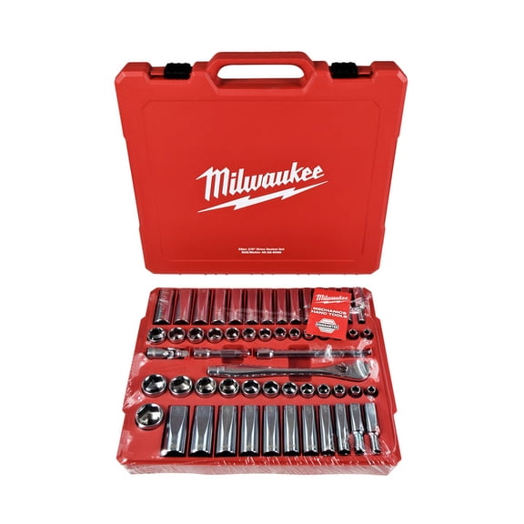 Milwaukee 56-Piece 3/8 in Drive Ratchet and Socket Set (48-22-9008)  90-Tooth Ratchet, Slim Profile, SAE and Metric Sockets
