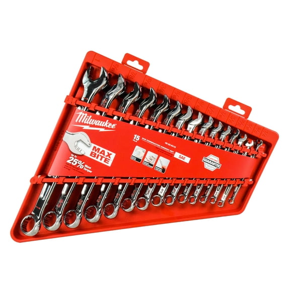 Milwaukee 48-22-9415 Combination SAE Wrench Mechanics Tool Set, MAX BITE Open-End Grip, 15-Piece