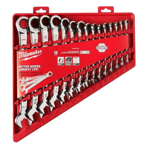 Milwaukee 48-22-9416 - 15-Piece SAE 12-Point Straight Head Ratcheting Combination Wrench Set with Storage Tray