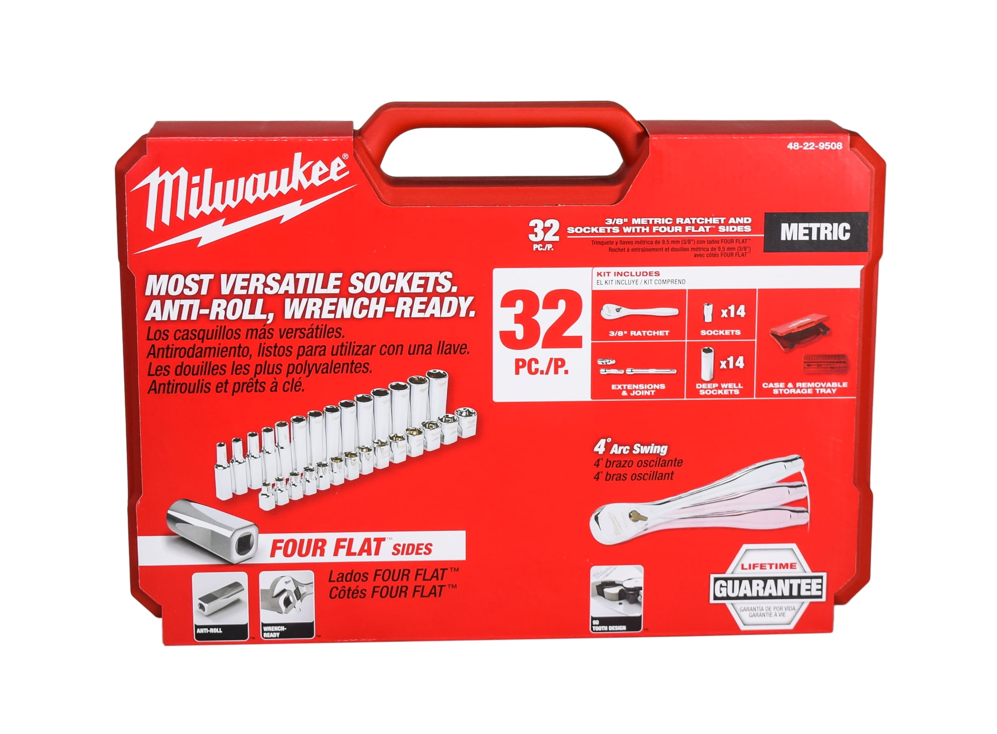 MILWAUKEE 32-Piece Metric 3/8 in. Drive Ratchet & Socket Set Slim Profile, 90-Tooth, Deep & Standard Sockets (48-22-9508)