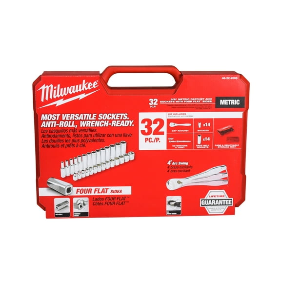 MILWAUKEE 32-Piece Metric 3/8 in. Drive Ratchet & Socket Set  Slim Profile, 90-Tooth, Deep & Standard Sockets (48-22-9508)