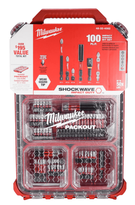 MILWAUKEE 48-32-4082 SHOCKWAVE 100-Piece Impact Duty Driver Bit Set with PACKOUT Compact Organizer Wear Guard Tips, IP65 Rated Storage