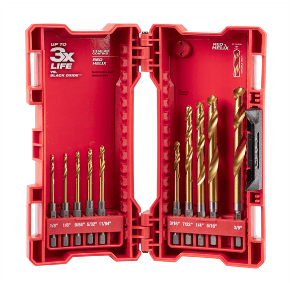 Milwaukee 48-89-4633 - 10-Piece SHOCKWAVE RED HELIX Titanium 1/4" Hex Shank Fractional Drill Bit Set