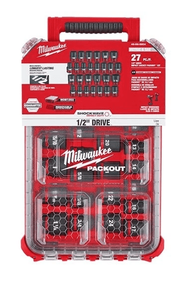 MILWAUKEE SHOCKWAVE Impact Duty Socket Set (27-Piece) – SAE & Metric, 1/2" Drive, PACKOUT Organizer (49-66-6804)