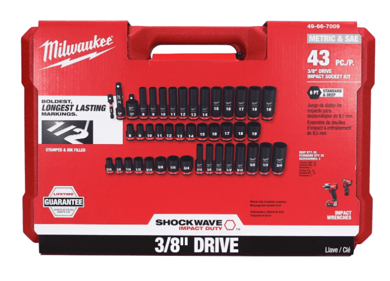 MILWAUKEE 49-66-7009 SHOCKWAVE 43-Piece 3/8 in. Drive SAE & Metric Deep Socket Set Non-Slip Hex, Impact Rated, Stacking Case