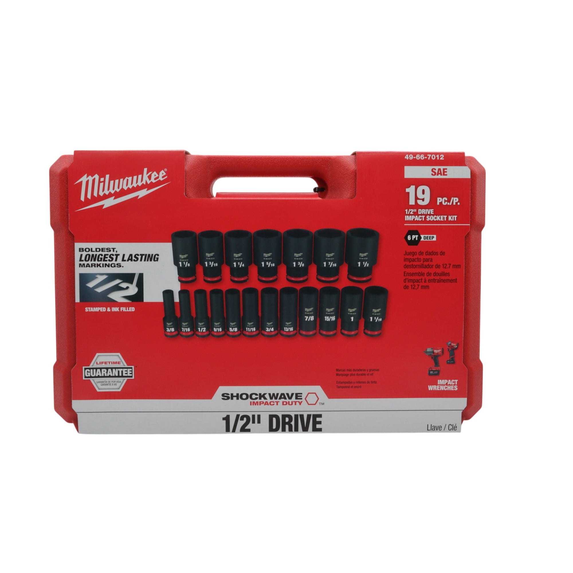 Milwaukee SHOCKWAVE 19-Piece 1/2 in Drive SAE Deep 6-Point Impact Socket Set (49-66-7012) – Forged Steel, Impact-Rated, Stackable Case