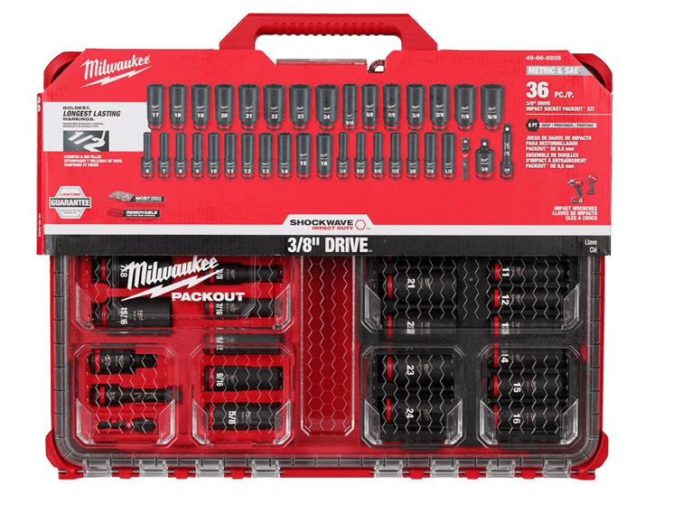 MILWAUKEE SHOCKWAVE Impact Duty 3/8 in. Drive SAE & Metric Socket Set (36-Piece) with PACKOUT Organizer (49-66-6805)