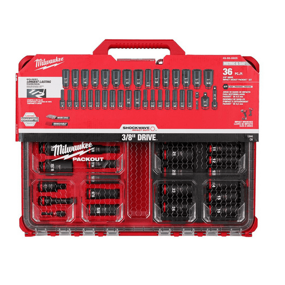 MILWAUKEE SHOCKWAVE Impact Duty 3/8 in. Drive SAE & Metric Socket Set (36-Piece) with PACKOUT Organizer (49-66-6805)