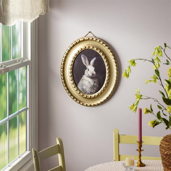Petal & Plow Indoor Wall Decor, Wood, Rabbit Portrait in Round Gold Decorative Frame, 16" L x 19" H