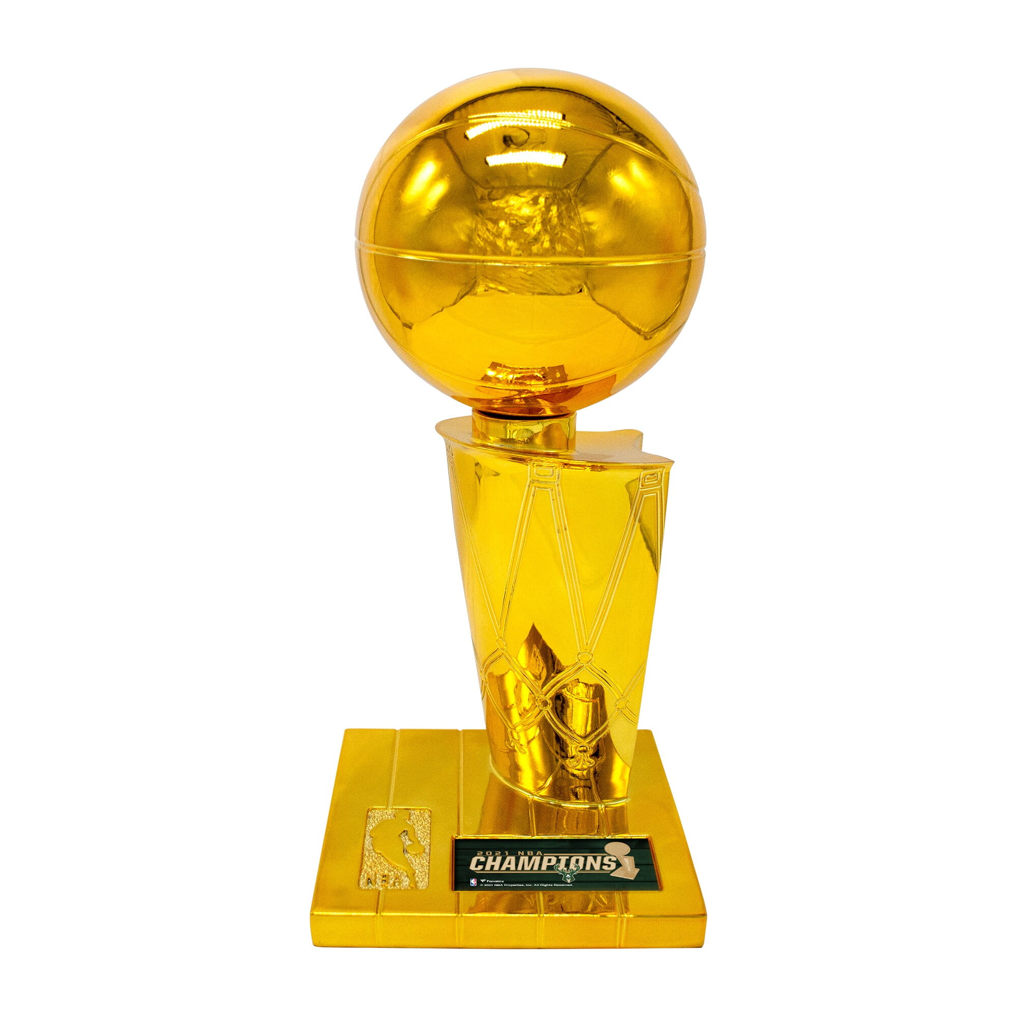 Giannis Antetokounmpo Milwaukee Bucks Unsigned 2021 NBA Finals Larry O'Brien Trophy and Bill Russell MVP Photograph