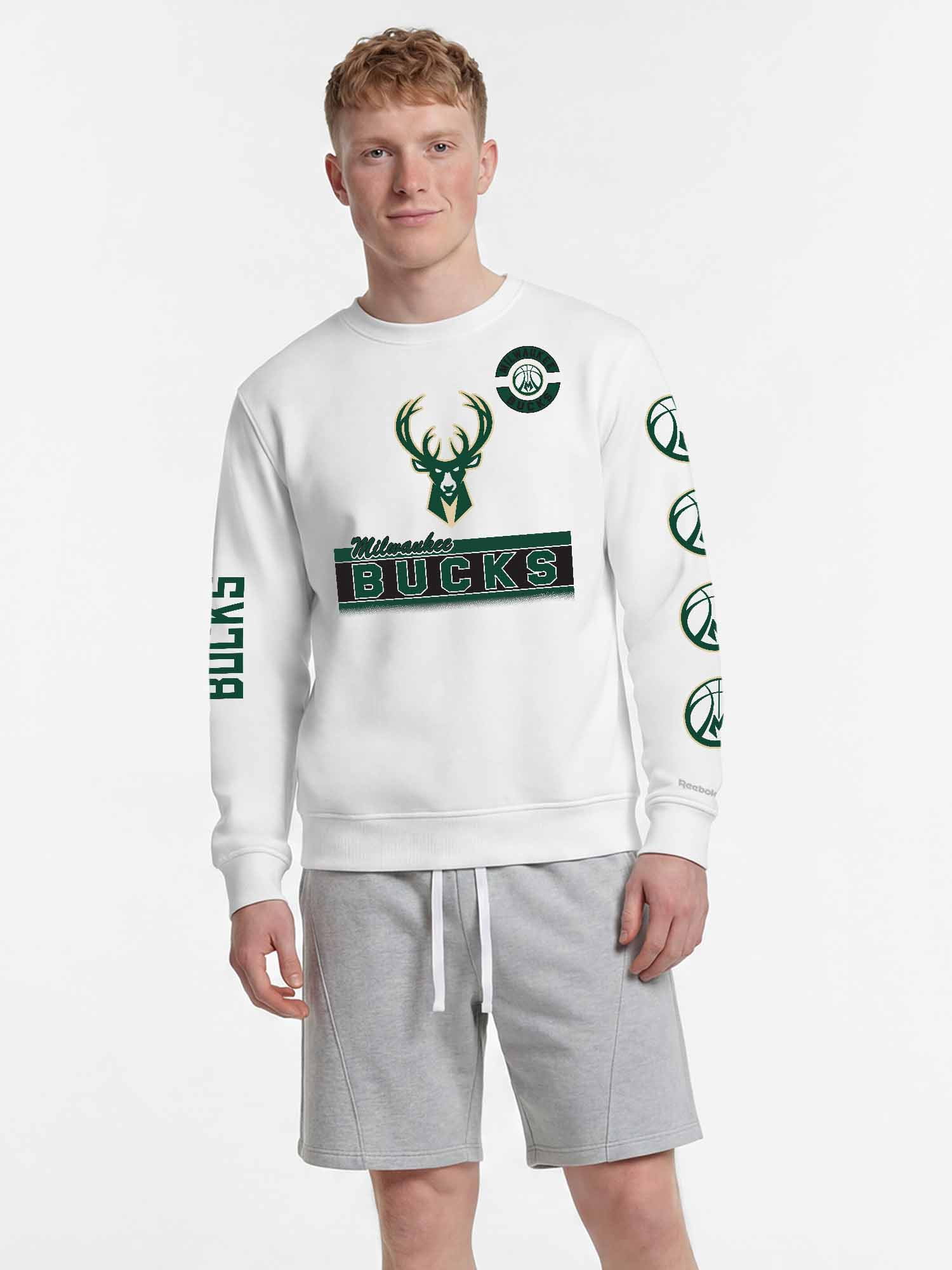 Milwaukee Bucks Reebok Mens White Crew Sweatshirt