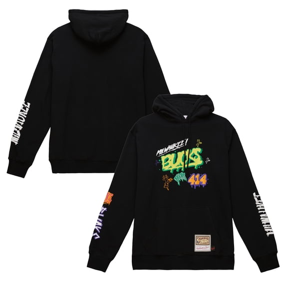 Men's Mitchell & Ness Black Milwaukee Bucks Hardwood Classics Slap Sticker Pullover Hoodie