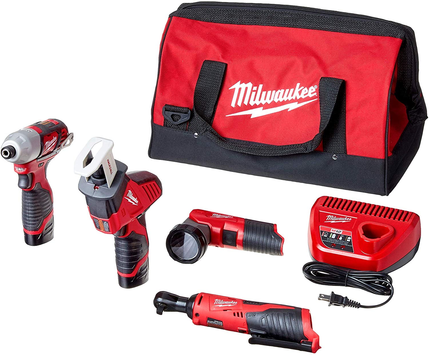 Milwaukee 2498-25 M12 12-Volt Lithium-Ion Cordless Combo Tool Kit (4-Tool) with 1.5 Ah Batteries, Charger, Tool Bag