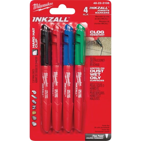 Milwaukee INKZALL Permanent Marker Fine Point - Assorted Ink - 4 Pack