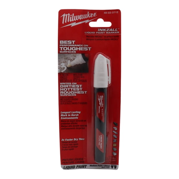 Milwaukee Inkzall White Liquid Paint Marker  Fast-Drying,  Acrylic Nib, Clog-Resistant & High-Temperature-Rated Up to 300 F Jobsite Marker for Concrete, Masonry & Rough Surfaces - Water Resistant