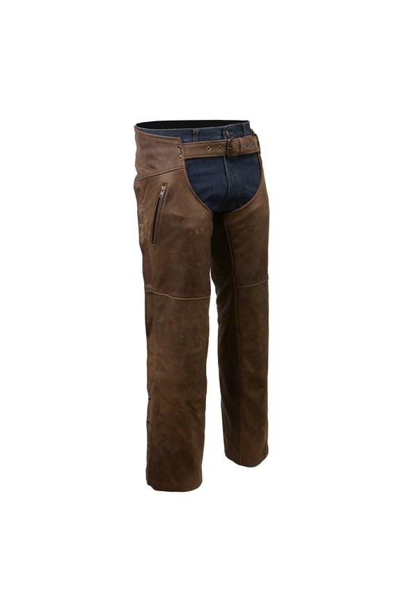 Chaps for Men's Vintage Crazy Horse Brown Leather- Snap Out Thermal Lined Motorcycle Chap MLM5518 3X-Small