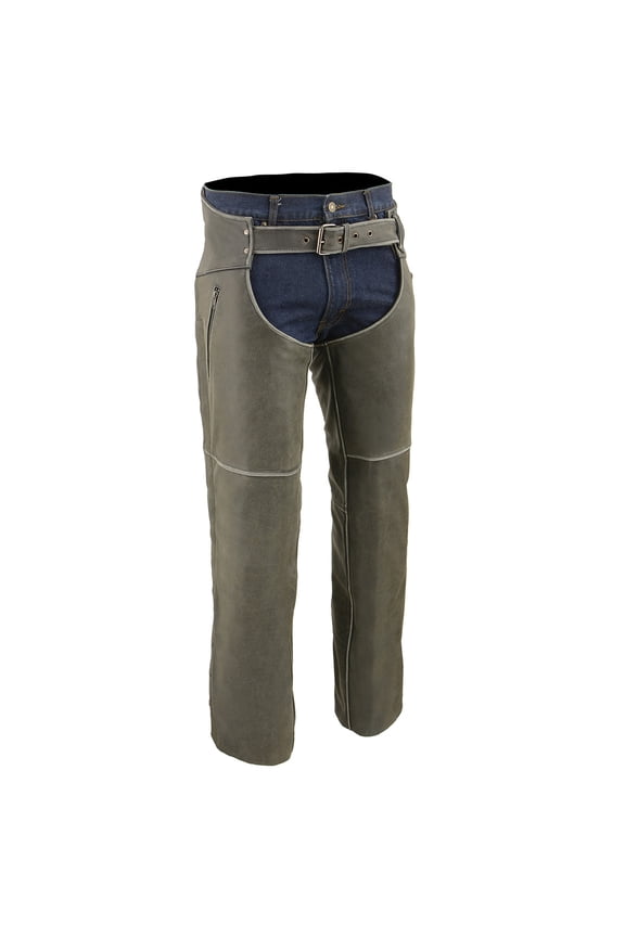 Chaps for Men's Vintage Grey Slate Leather - Deep Zipped Thigh Pockets Motorcycle Chap - MLM5536 X-Large