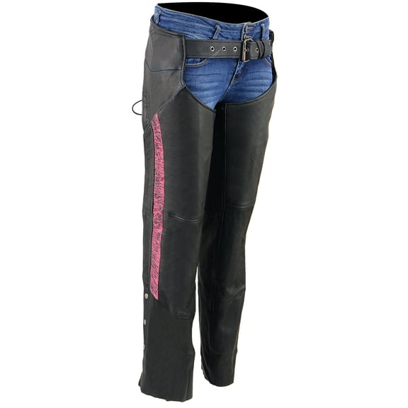 Milwaukee Leather Chaps for Women Black Lightweight Goat Skin- Crinkled Stripes Reflective Motorcycle Chap- MLL6501 Small