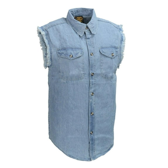 Milwaukee Leather DM1001 Men's Blue Lightweight Denim Shirt with Frayed Cut Off Sleeveless Look 2X-Large