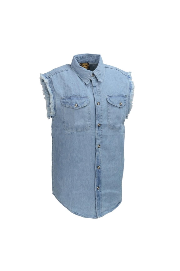 DM1001 Men's Blue Lightweight Denim Shirt with Frayed Cut Off Sleeveless Look Medium