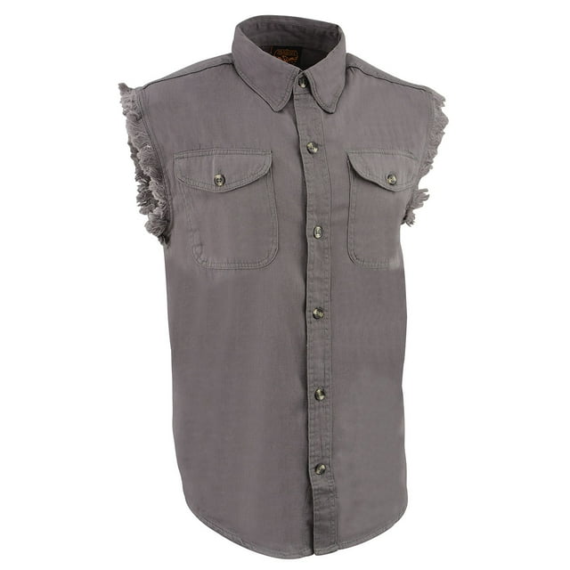 Milwaukee Leather DM4004 Men's Grey Lightweight Denim Shirt with with Frayed Cut Off Sleeveless Look 4X-Large