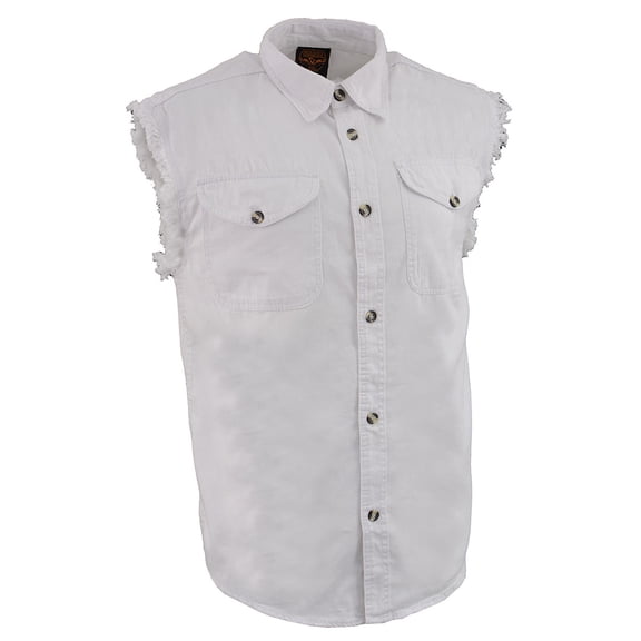 Milwaukee Leather DM4006 Men's White Denim Lightweight Shirt with Sleeveless Frayed Cut Off X-Large