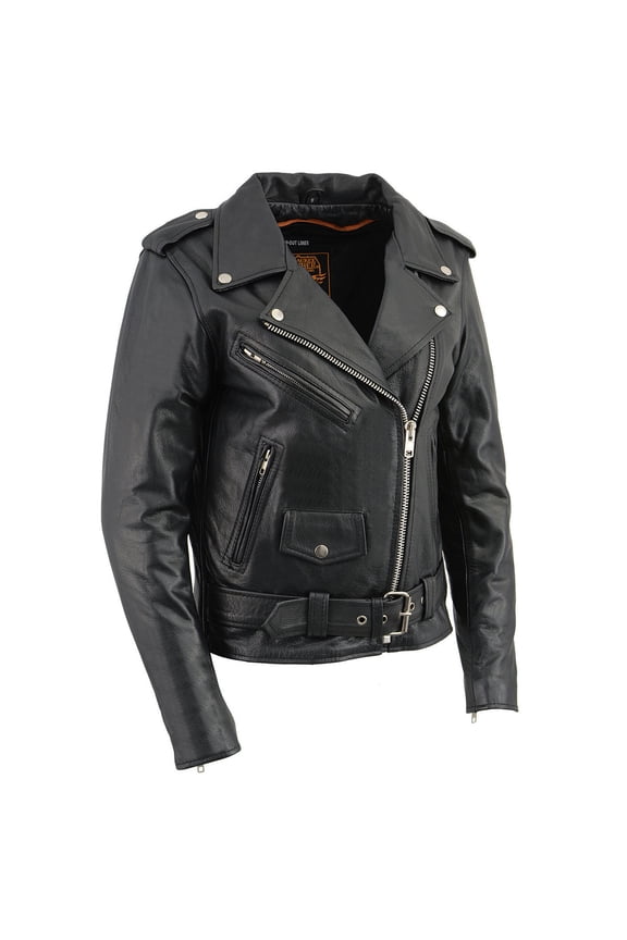LKL2701 Women's Classic Black Premium Leather Motorcycle Rider Jacket with Built-In Belt Small
