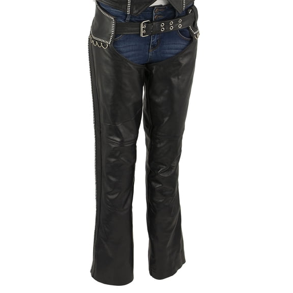 Milwaukee Leather LKL6706 Women's Classic Black Leather Motorcycle Biker Rider Chaps w/ Bling Detail Large