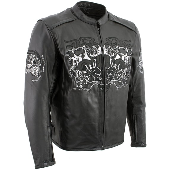 Milwaukee Leather LKM17008 Men's Premium Black Reflective Skulls Cruiser Style Motorcycle Jacket w/ CE Armor Small