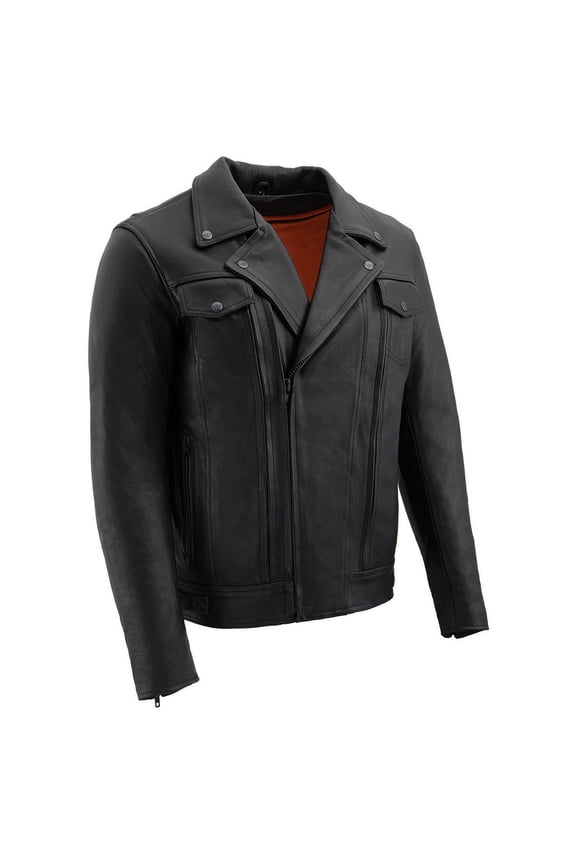 LKM1720T Men's Tall Sizes Black Premium Leather Motorcycle Vented Leather Jacket w/ Utility Pockets Large-Tall