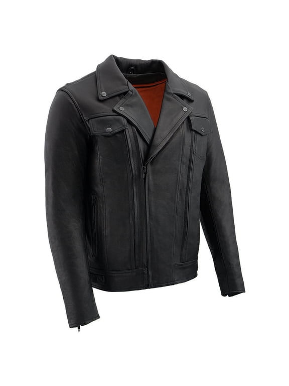 LKM1720T Men's Tall Sizes Black Premium Leather Motorcycle Vented Leather Jacket w/ Utility Pockets XL-Tall