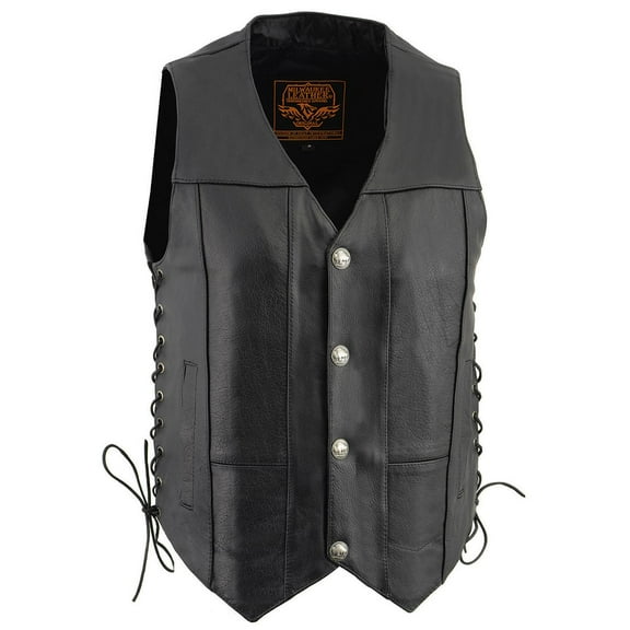 Milwaukee Leather LKM3701 Men's Black Leather Classic V-Neck Motorcycle Rider Vest w/ Buffalo Snaps and Side Laces Medium