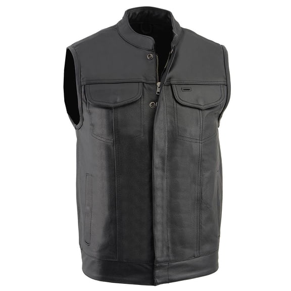 Milwaukee Leather LKM3710 Men's Black Leather Club Style Motorcycle Rider Vest w/ Zipper and Snap Button Closure Large