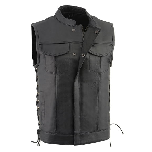 Milwaukee Leather LKM3712 Men's Black Leather Club Style Motorcycle Rider Vest w/ Front Snap/Zipper and Side Lace Small