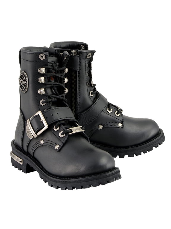 MBL201 Women's Black Leather Lace-Up Motorcycle Rider Boots w/ Buckles 10.5