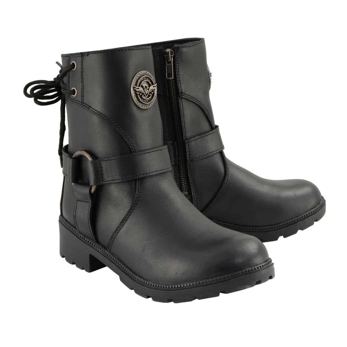 Milwaukee Leather Women's Black Motorcycle Boots - Premium Leather Double Strap Design