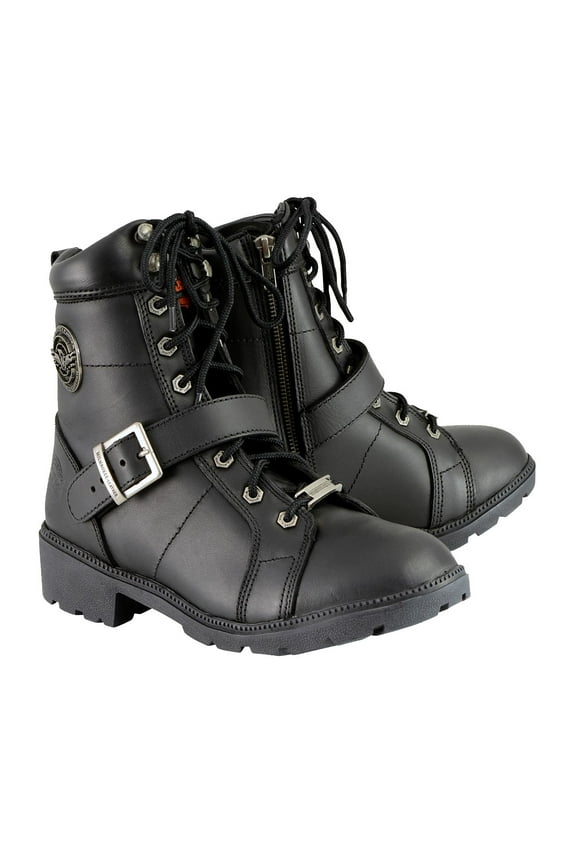 MBL9325 Women's Premium Black Lace-Up Classic Leather Motorcycle Biker Boots w/ Side Zipper 6.5