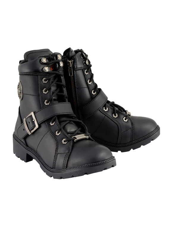 MBL9325W Women's Premium Black Leather Lace-Up Motorcycle Biker Rider Boots in Wide Width Size 11W