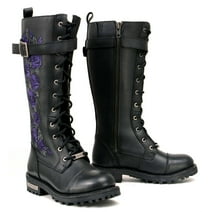 Milwaukee Leather MBL9357 Women's Black 14” Tall Motorcycle Boots Lace-Up High-Rise Purple Embroidered Leather Shoe 9.5