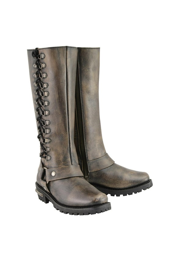 Women's Distressed Brown Leather 14-inch Classic Harness Square Toe Motorcycle Rider Boots MBL9368 9