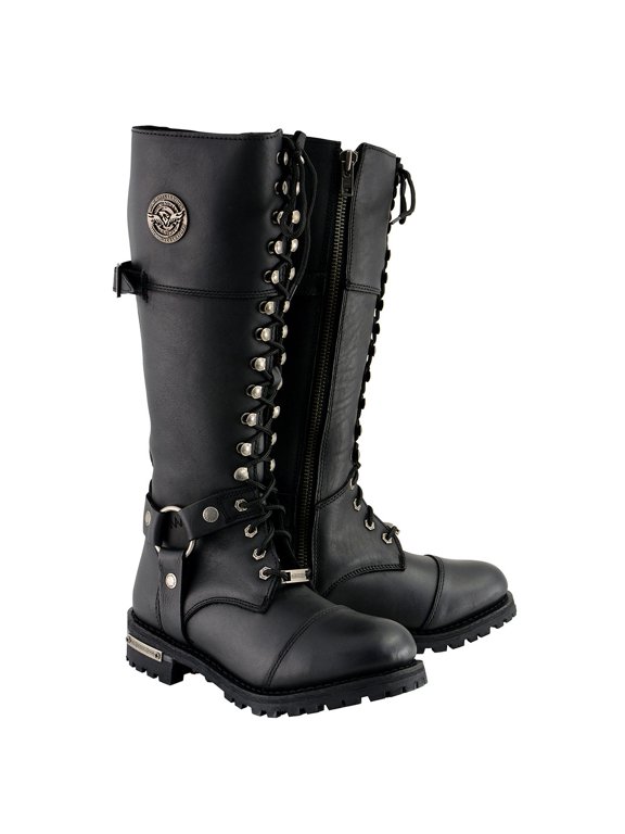 MBL9390 Women’s Black 16-inch Lace-Up Front Cap Toe Motorcycle Riding Leather Boots 7.5