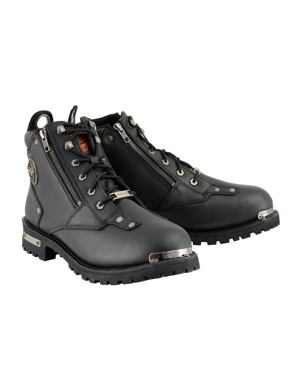 MBM103 Men's Black Leather Lace-Up Motorcycle Boots w/ Dual Side Zipper Entry 15