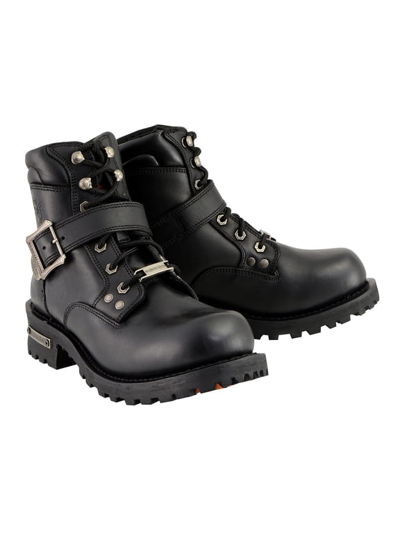 Men's Classic Black Leather Lace-Up 6-inch Engineer Boots with Side Buckle MBM9010 11.5